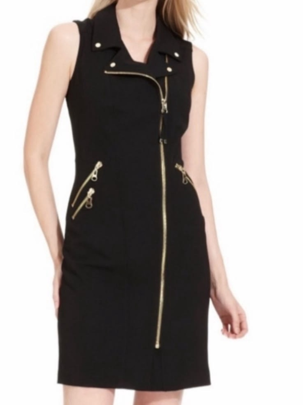 Calvin Klein Black Sleeveless Sheath Dress with Gold Zipper Accents